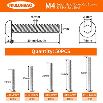 M4 x 20mm 25mm 30mm 35mm 40mm Button Head Socket Cap Screws Bolts, 304 Stainless Steel, Machine Fully Threaded, Metric Allen Hex Drive, Bright Finish, Assortment Kit 50PCS - size: M4 x 20/25/30/35/40mm (50PCS)