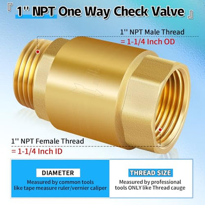 Boltigen 1" Brass Check Valve, NPT Spring One-Way Backflow Preventer - size: 1" Female * 1'' Male