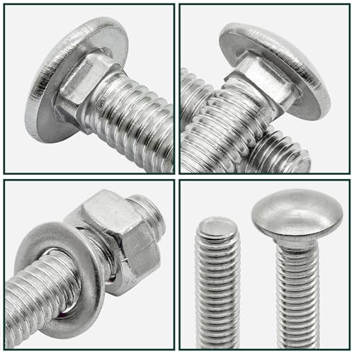 M6 x 12mm Carriage Bolts Kit,304 Stainless Steel Round Head Square Neck Carriage Bolts with Hex Nuts and Flat Washers,Full Thread,Silver(20Sets) - size: M6 x 12mm