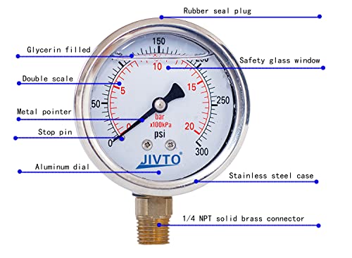 Pressure Gauge,Glycerin Liquid Filled,2" Dual Scale Dia,0-300 psi/bar/kpa,1/4" NPT Brass Connection,Lower Mount, Stainless Steel Case,for Air Compressor,Pump,Tube,Valve,Gas Air Water Oil Test - size: 0-300 psi