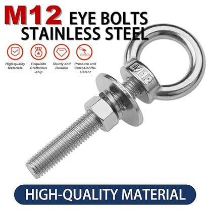 8 Pack M12 Stainless Steel Eye Bolts with Nuts, 1/2" x 4" Eye Bolts - size: M12x102mm (1/2"x4")