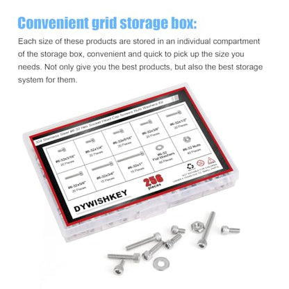DYWISHKEY 256 Pieces #6-32 x 3/16", 1/4", 5/16", 3/8", 1/2", 5/8", 3/4", 1" Hex Socket Head Cap Screws Nuts Washers Assortment Kit, 6-32 Screw Kit, 304 Stainless Steel - size: #6-32, style: Socket Head