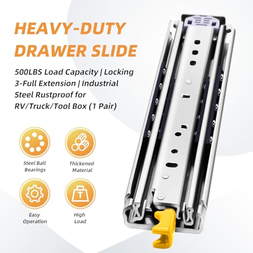 with Lock Heavy Duty Drawer Slides 12 14 16 18 20 22 24 26 28 30 32 34 36 40 44 48 52 56 60 Inch 500 Lbs Side Mount Full Extension Ball Bearing Rails Rail Tool Box Runner-W:76mm, 18 Inch - size: 18 Inch, style: Load:500 lb (With lock) -W:76mm