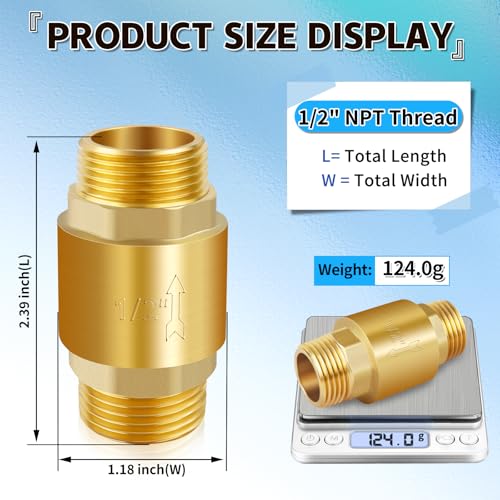 Brass Spring Check Valve 1/2" NPT Male, One Way Backflow Valve - size: 1/2" Male x 1/2" Male(DN15)