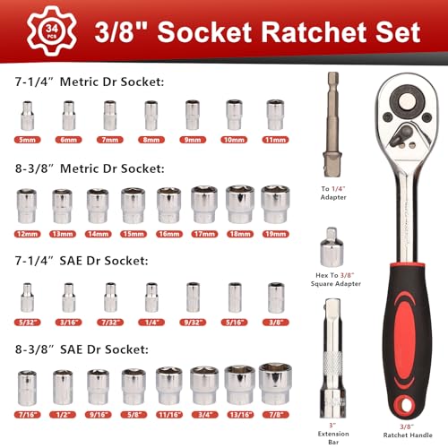 Egofine 34 Pieces 3/8 inch Drive Socket Ratchet Wrench Set, with Socket Set Metric/SAE and Extension Bar for Auto Repairing and Household, with Storage Case - color: Red, size: 3/8" 34 PCS