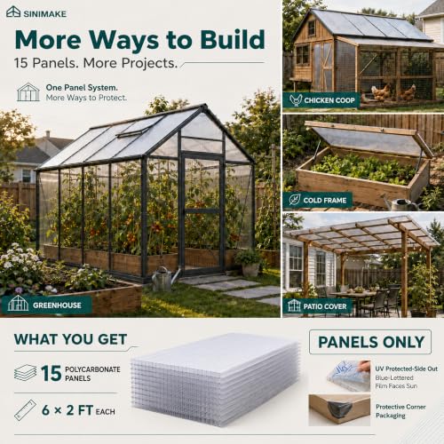 Sinimaka 15-Pack Polycarbonate Greenhouse Panels, 6 x 2 ft, 0.24 in 6mm Twin-Wall Sheets, UV-Coated Translucent Roof Replacement for Greenhouses and Cold Frames - style: 6' x 2' x 0.24" 15Pack