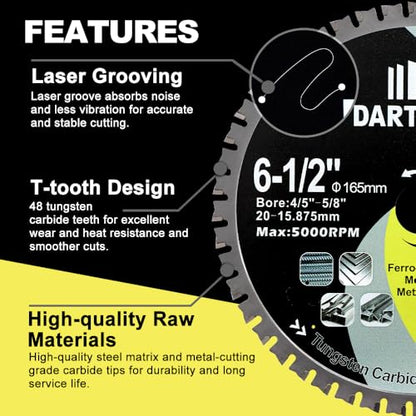 6-1/2"/165mm Metal Cutting Disc, DARTOTEK Circular Saw Blade 48T,Tungsten Carbide Tipped TCT Cut Off Wheel for Steel, Ferrous Steel Pipe with 4/5"-5/8" Arbor - size: 165 mm