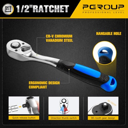 20 PCS 1/2" Drive Metric Socket Wrench Set,90-Tooth Reversible Ratchet Handle，6 Point Shallow Sockets (8-32mm) and Extension Bar 5", CR-V Steel, Car Repair Set - size: 20P 1/2 inch(8-32mm)