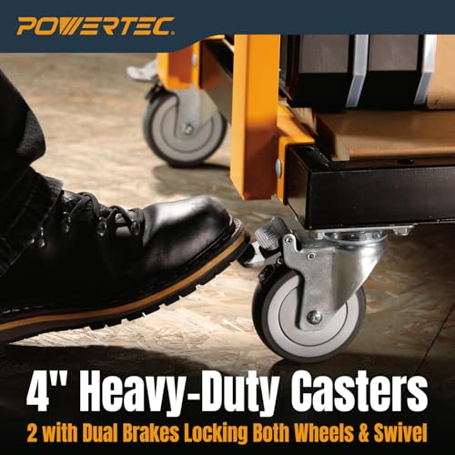 POWERTEC Panel Transfer Cart with Tilting Top - Multi-Purpose Mobile Shop Stand, 220lbs Capacity, 31-37" Adjustable Height, 4" TPR Wheels - 2 Casters with Brake 2 Without (UT1011)