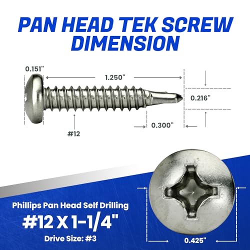 Fastenere Pan Head Self Drilling Tek Screws -#12 x 1-1/4" (50 Pack) Stainless Steel 410,Full Thread, Bright Plain Finish, Corrosion-Resistant, Self-Drilling, Easy to Install w/Phillips Drive Size #3 - size: #12 x 1-1/4" (50 Pack)