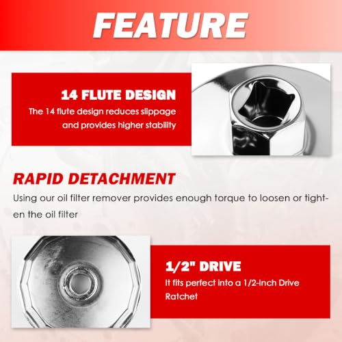 65-64mm 14 Flute Oil Filter Wrench & 10" Reversible 1/2 Ratchet Wrench