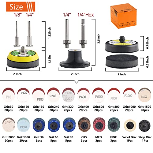Tshya 270Pack 2inch Sanding Discs Pad Variety Kit for Drill Grinder Rotary Tools Die Grinder Accessories with 1/8"&1/4" Shank Backer Plate, Sanding Pads Includes 36-3000 Grit - style: Mix 270Pack