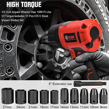 XIIW 1/2 Inch Air Impact Wrench, Max Torque 1560 ft-lbs, Lightweight 4.4 lb - size: 1/2 inch | 1560 ft-lbs 15 PCS Wrench + Socket Set