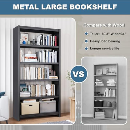 Bookshelf,5 Tier Bookshelves,69" Tall Metal Black Bookcase,Install Simple Bookshelves for Bedroom, Living Room,Home Office/Library (Black) - color: Black, size: 69"H*34"W