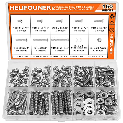 HELIFOUNER 150 Pieces #10-24 x 1/4" 5/16" 3/8" 1/2" 5/8" 3/4" 1" 1-1/4", Button Head Socket Cap Screws Bolts Washers Nuts Kit, Coarse Thread, Fully Machine Threaded, 304 Stainless Steel - size: #10-24, style: Button Head