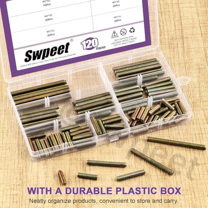 Swpeet 120Pcs 6 Sizes M5 x 16/20/ 30/40/ 50/ 60mm Galvanized Carbon Steel Fully Threaded Rod Assortment Kit, Threaded Rods Bar Studs for Furniture Machinery Assembly - style: M5