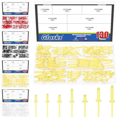 Glarks 130pcs 7 Sizes Yellow Aluminum Blind Rivets, Aluminum Grip Steel Mandrel Pop Rivet, Pop Rivets Assortment Kit, Large Flange Rivets for Metal, Furniture, Automotive - color: Yellow