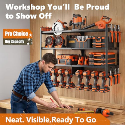 Large Power Tool Organizer Wall Mount,4 Layer Heavy Duty Metal Tool Storage Rack Loads 300lbs with 8 Cordless Drill Holder, Utility Rack Loads, Garage Storage, Gift for Men