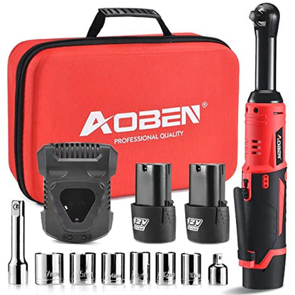 AOBEN 3/8" 40 Ft-lbs Cordless Electric Ratchet Wrench Kit with Variable Speed, Lithium Batteries - color: Cherry Red