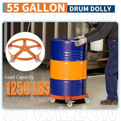55 Gallon Heavy Duty Drum Dolly, 1250 lb Capacity Steel Barrel Cart, Reinforced Cross Braces, Swivel Casters with Brake, Non-Tipping Drum Handling Trolley for Warehouse and Industrial Use