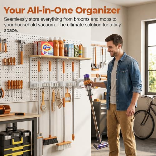 Upgraded Broom Holder Wall Mount with Shelf, Mop and Broom Organizer Wall Hanging, Cleaning Supplies Organizer with 5 Grippers, 4 Hooks and Vacuum Holder for Laundry Room, Garage, Kitchen - size: Large