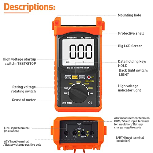Megohmmeter 200 Gig Ohm Digital Insulation Resistance Tester 500V/1kV/2.5kV/5kV Auto Range Voltage,Resistance Tester with 1999 Count LCD Display, Data Hold, Back-Light-RQ-6688B（Orange） - color: US-RQ-6688B