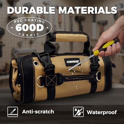 Roll Up Tool Bag, PVC Coated Tool Organizer with 4 Pockets & 2 Pouches - color: Khaki-RollUp