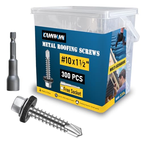 300Pcs #10 x 1-1/2 Inch Galvanized Metal Roofing Screws, Hex Head Drill Point Sheet Metal Roof Screw with Rubber Washer, EPDM Washer, with Hex Drive Bit. - color: Galvanized, size: #10 x 1-1/2 Inch