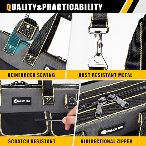 20 in Tool Bag For Men with Waterproof Molded Base, High Capacity Wide Mouth Tote, Construction Worker Electricians Tool Bags, Large Tool Bag Organizer for Men Women (Grey) - size: 20 inches