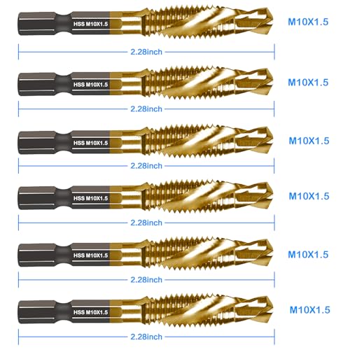 DKIBBITH 6-pc Metric M10 Combination Drill Tap Bit Set, M10*1.5 Thread Size, Titanium Coated High-Speed Steel, Ideal for Drilling and Threading in Soft Metal Wood and Plastic,1/4" Hex Shank - size: M10x1.5