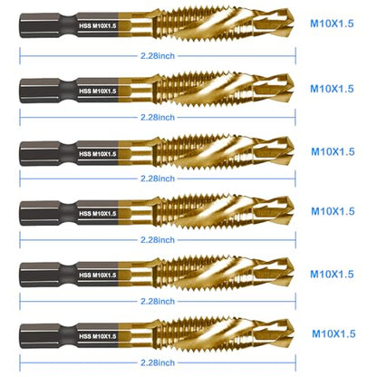 DKIBBITH 6-pc Metric M10 Combination Drill Tap Bit Set, M10*1.5 Thread Size, Titanium Coated High-Speed Steel, Ideal for Drilling and Threading in Soft Metal Wood and Plastic,1/4" Hex Shank - size: M10x1.5