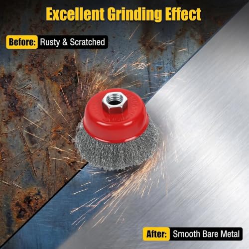 4 Pcs 3" Coarse Crimped Wire Wheel Cup Brush for 4-1/2" Angle Grinder 5/8"-11 UNC Arbor, 0.014”Carbon Steel Wire Brush for Rust, Corrosion, Paint Removal(with 2 Pcs 1/4" Shank Drill Adapter) - style: 3" Coarse Crimped Wire Wheel Cup Brush
