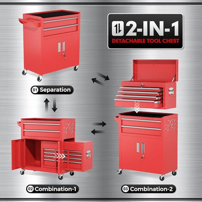 INTERGREAT 8 Rolling Drawers Tool Chest, Assembled Tool Chest with Wheels, Detachable Top Tool Box, Tool Cabinet for Repair Room,Warehouse, Rolling Tool Box with Hooks,Tray Divider,Red - color: Red, size: 8 Drawers