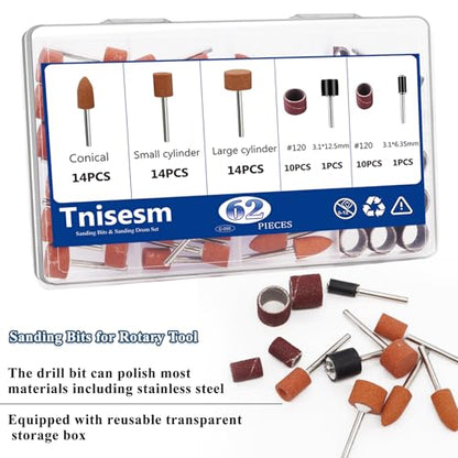 Tnisesm 64Pcs Sanding Bits & Sanding Drum Set for Dremel Rotary Tool with Box, Aluminium Oxide Tough Enough to Metal Rust Removal/Smoothing/Sharpening, Different Shape Meet More Needs - size: 4SIZE-64PCS