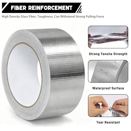 2" x 66 Ft Aluminum Foil Tape, 5.91 mil - Heavy Duty Heat Shield & Thermal Insulation Fiberglass Tape for HVAC Ductwork, Metal Ducts, Dryer Vents, AC Pipes, Exhaust Repair