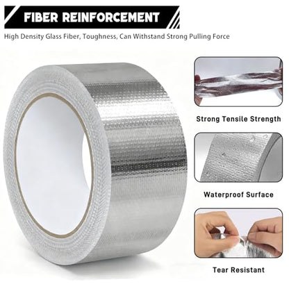 2" x 66 Ft Aluminum Foil Tape, 5.91 mil - Heavy Duty Heat Shield & Thermal Insulation Fiberglass Tape for HVAC Ductwork, Metal Ducts, Dryer Vents, AC Pipes, Exhaust Repair