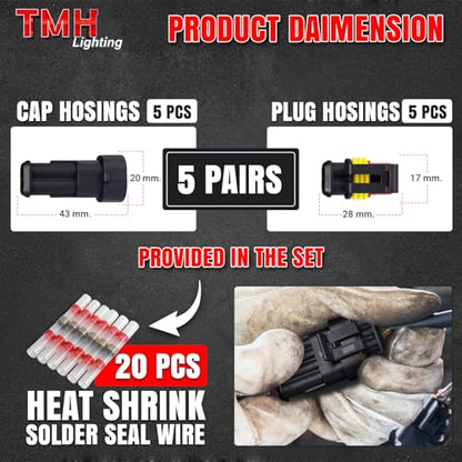 TMH 2 Pin Connector 22 AWG - 2 Wire 10 cm. Waterproof Connectors Automotive Electrical Connectors Male and Female 2 Way with Heat Shrink Tubing for Car Truck Boat (5 Sets) - size: 2 Pin - 5 Sets