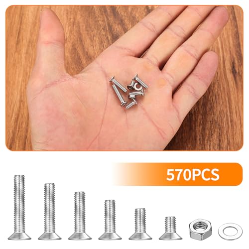 570 Pcs M3 Screws Set, Metric Screw Assortment, Metric Machine Screw Assortment, Countersunk Bolts and Nuts Set, 304 Stainless Steel Flat Head Hex Socket Cap Screws Bolts with Washers - size: M3