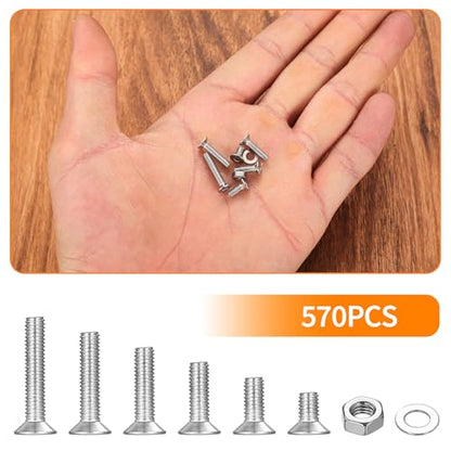 570 Pcs M3 Screws Set, Metric Screw Assortment, Metric Machine Screw Assortment, Countersunk Bolts and Nuts Set, 304 Stainless Steel Flat Head Hex Socket Cap Screws Bolts with Washers - size: M3
