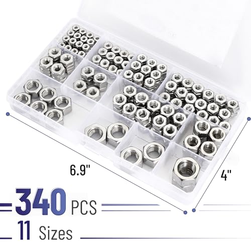 Bates- SAE Hex Nuts Assortment Kit, 11 Sizes, 340 pcs, Stainless Steel, 4#40 6#32 8#32 10#24 10#32 12#24 1/4"-20 5/16"-18 3/8"-16 1/2"-13, Hardware Nuts