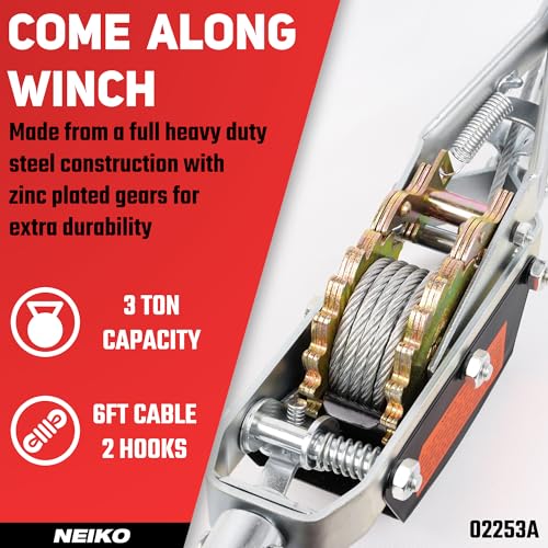 NEIKO 02253A Come Along Winch, 3-Ton (6,000 Lbs) Pulling Capacity, 9.8Ft, 2 Hook, Heavy Duty Power Cable Come Along Tool with Dual Gears, Hand Winch Cable, Automotive Hoist Winch Puller, Recovery Gear - size: 3 Ton