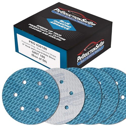 ProductionShop Premium 180 Grit 6" Rhombus Diamond Shape Blue Sanding Discs, 6-Hole, Box of 50 - Hook & Loop Anti-Clogging J-Cloth Dustless Sandpaper for Random Orbital Sanders, Sand Auto Paint, Wood - style: 180 Grit