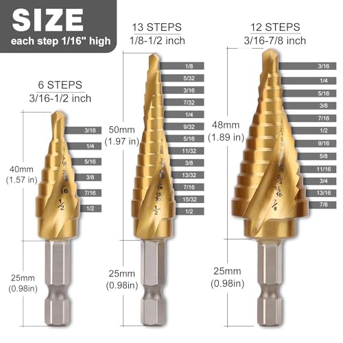 3PCS Titanium HSS Step Drill Bit Set with 1/4" Hex Shank - style: 3Pcs Titanium - Hex Shank