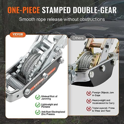 VEVOR Come Along Winch, 5 Ton (11,023 lbs) Pulling Capacity, 11.5 ft Steel Cable, 3 Hooks, Heavy Duty Ratchet Power Puller Tool with Dual Gears, Automotive Hoist Cable Puller Ideal for Vehicle Rescue - size: 5 Ton