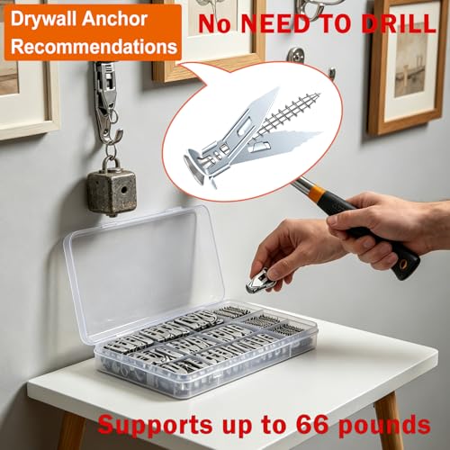 200 Pcs Self Drilling Drywall Anchors with Screws,100 Sheetrock Anchors (0.47x1.18 Inch) &100 Zinc Expansion Screws,Upgraded Zinc Plated Steel,No Drill Needed,Perfect for Wall Hanging(Sliver） - color: 200PCS-0.47x1.18 inch-Silver