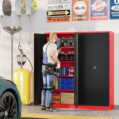 Metal Garage Storage Cabinets with Lock, 72" Tall Tool Cabinet with 2 Door and 4 Adjustable Shelves, Locking Garage Cabinets and Lockable Steel Locker for Home Office Warehouse-(Red Black-72”H) - color: Red Black, size: 72"H