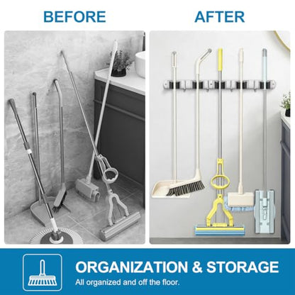 IMILLET 2 Pack Broom Holder Wall Mount Stainless Steel Mop Organizer - color: Stainless Steel - 5 Racks with 4 Hooks, size: 2 Pack