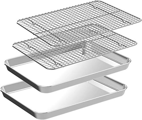 Quarter Sheet Pan with Cooling Rack Set [2 Baking Sheets + 2 Baking Racks], CEKEE Stainless Steel Cookie Sheets for Baking and Wire Rack - Rust & Warp Resistant & Nonstick, Size 12 x 9.8 x 1 Inch - size: 12*10*1Inch