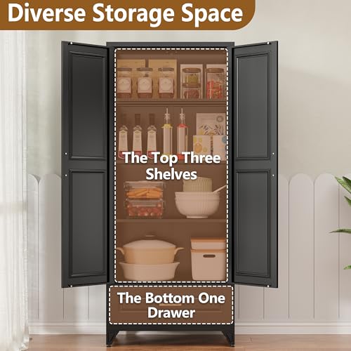 Polup 75" Metal Storage Cabinet, Tall Kitchen Pantry Cabinet with 1 Drawer - color: Black, size: 75"H - 1 Drawer
