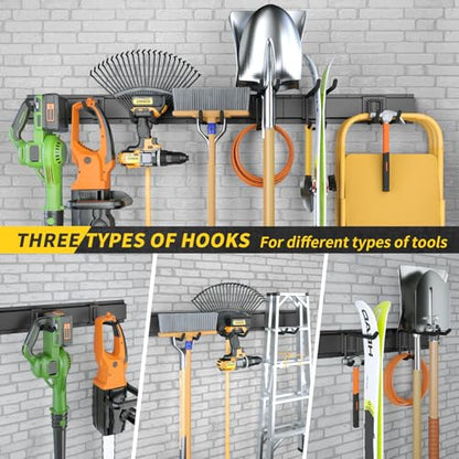 64 Inches Garage Storage, UUP Garage Organization Wall Mount Garden Tool Organizer, 620lbs Adjustable Metal Hooks, Yard Shed Rail Rack, Lawn Tool Holder for Hanging Rake Broom Mop Snowboard, Home Gift - size: 64" with 4 Panels & 10 Hooks